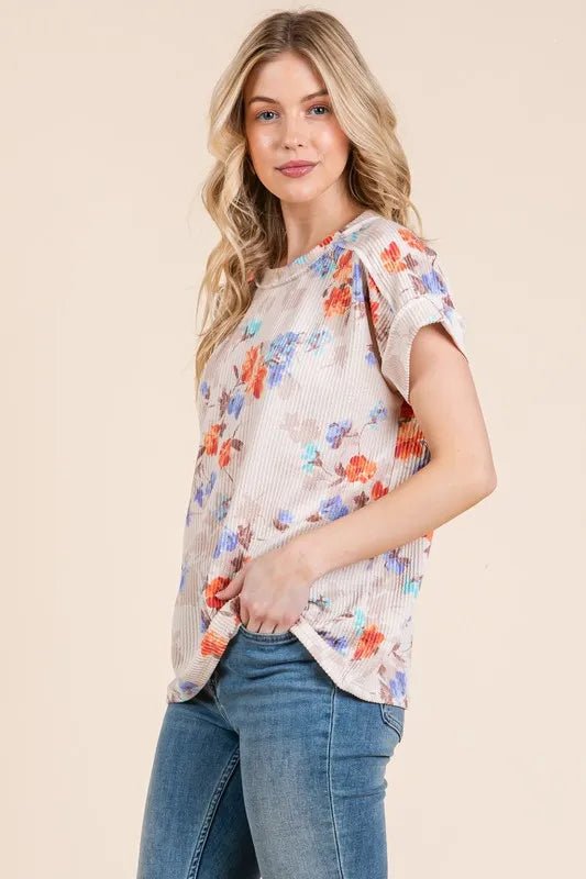 BOMBOM Floral Round Neck RIbbed T-Shirt - Bitsy Gypsy Boutique