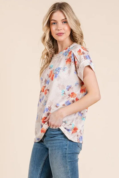BOMBOM Floral Round Neck RIbbed T-Shirt - Bitsy Gypsy Boutique