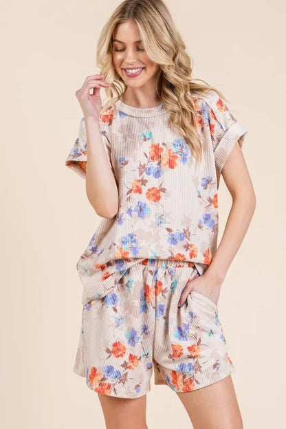 BOMBOM Floral Round Neck RIbbed T-Shirt - Bitsy Gypsy Boutique