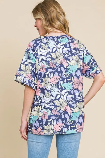BOMBOM Floral Round Neck Short Sleeve T-Shirt - Bitsy Gypsy Boutique