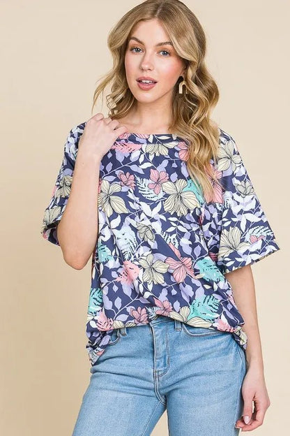 BOMBOM Floral Round Neck Short Sleeve T-Shirt - Bitsy Gypsy Boutique