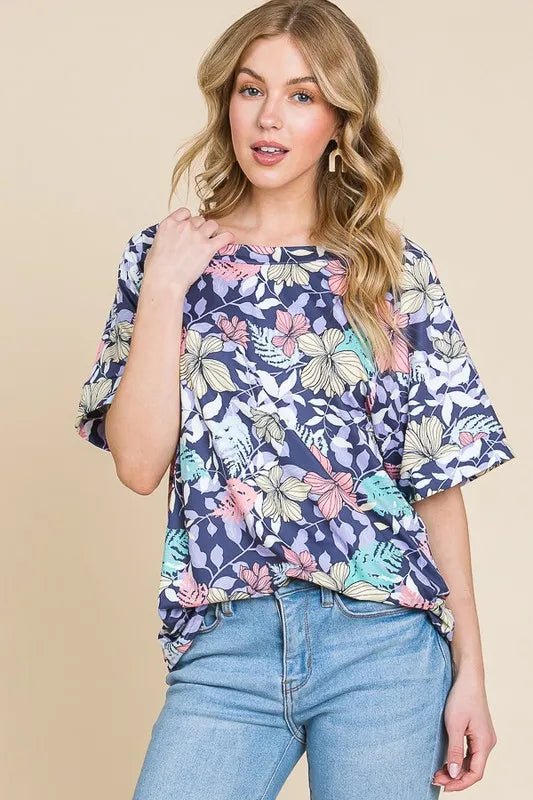 BOMBOM Floral Round Neck Short Sleeve T-Shirt - Bitsy Gypsy Boutique
