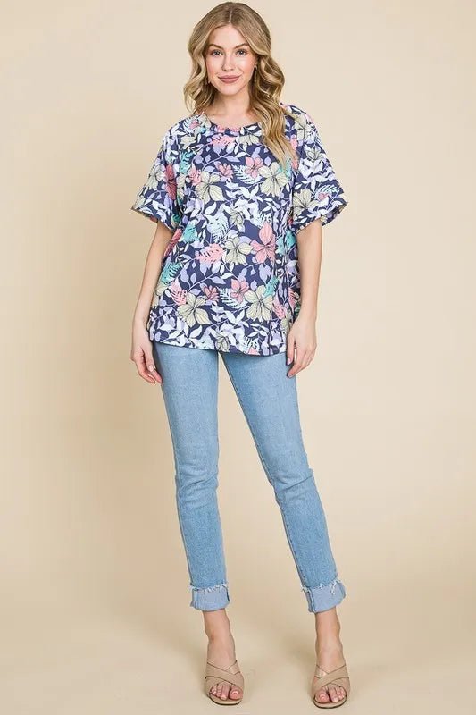 BOMBOM Floral Round Neck Short Sleeve T-Shirt - Bitsy Gypsy Boutique