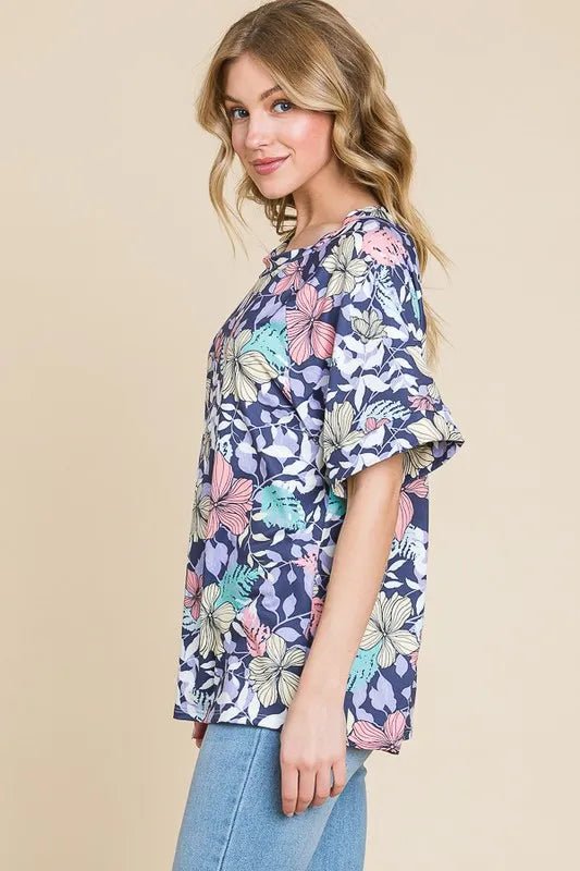 BOMBOM Floral Round Neck Short Sleeve T-Shirt - Bitsy Gypsy Boutique