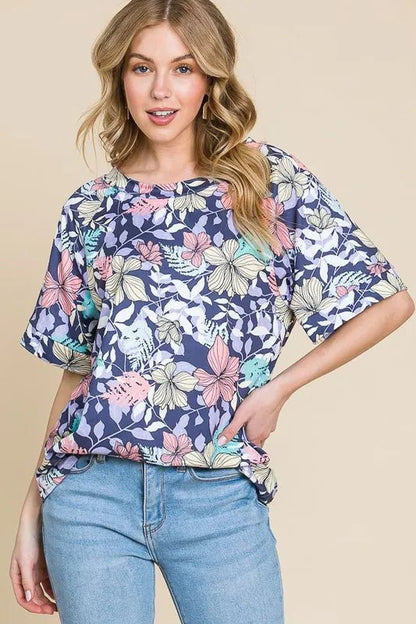 BOMBOM Floral Round Neck Short Sleeve T-Shirt - Bitsy Gypsy Boutique