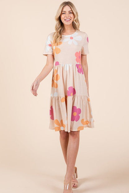 BOMBOM Floral Round Neck Short Sleeve Tiered Dress - Bitsy Gypsy Boutique