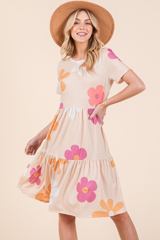 BOMBOM Floral Round Neck Short Sleeve Tiered Dress - Bitsy Gypsy Boutique