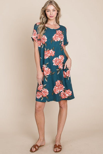 BOMBOM Floral Round Neck Short Tee Dress with Pockets - Bitsy Gypsy Boutique