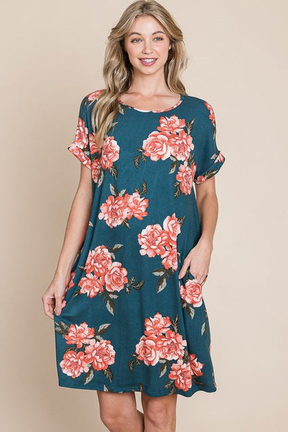 BOMBOM Floral Round Neck Short Tee Dress with Pockets - Bitsy Gypsy Boutique