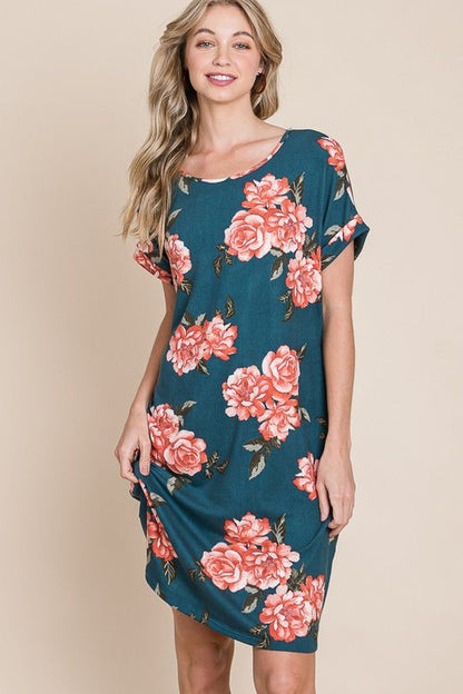 BOMBOM Floral Round Neck Short Tee Dress with Pockets - Bitsy Gypsy Boutique