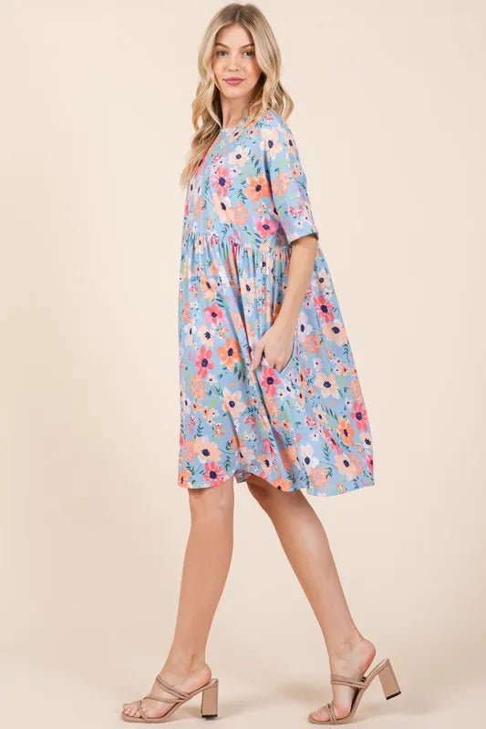 BOMBOM Floral Shirred Dress with Pockets - Bitsy Gypsy Boutique