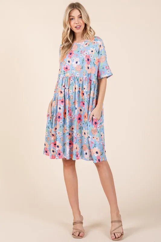 BOMBOM Floral Shirred Dress with Pockets - Bitsy Gypsy Boutique