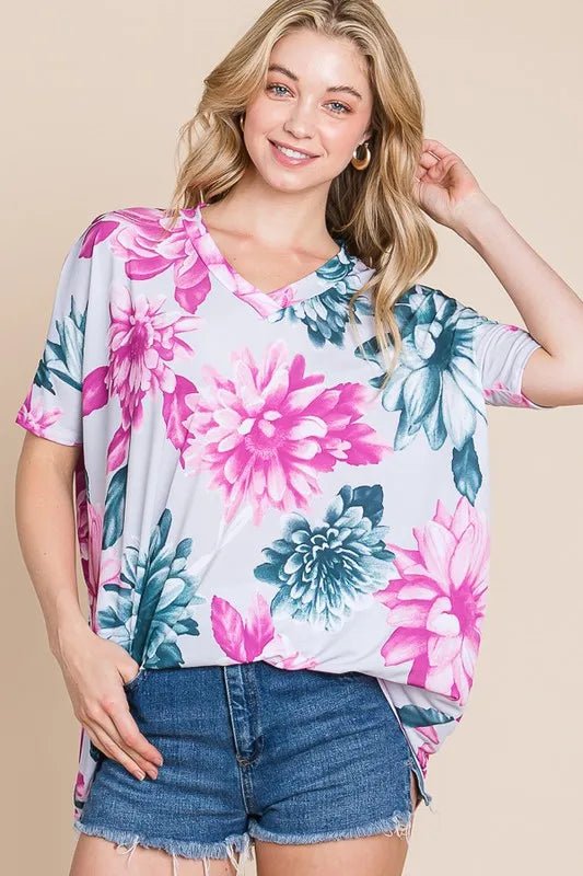 BOMBOM Floral V - Neck Short Sleeve T-Shirt - Bitsy Gypsy Boutique