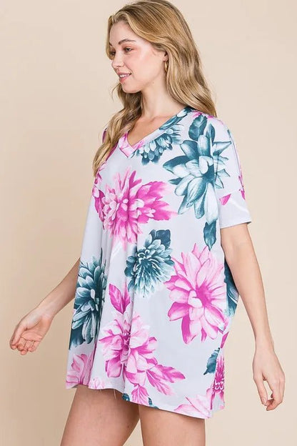 BOMBOM Floral V - Neck Short Sleeve T-Shirt - Bitsy Gypsy Boutique