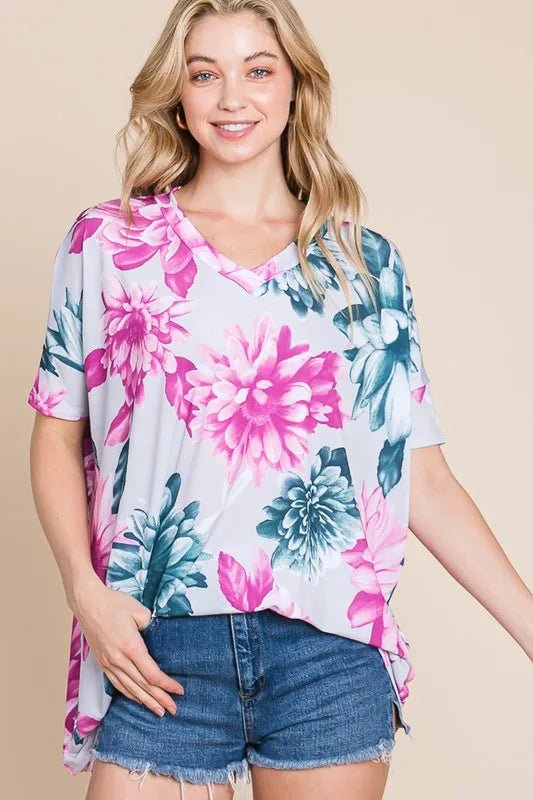 BOMBOM Floral V - Neck Short Sleeve T-Shirt - Bitsy Gypsy Boutique