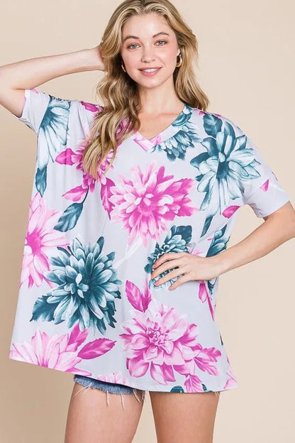 BOMBOM Floral V - Neck Short Sleeve T-Shirt - Bitsy Gypsy Boutique