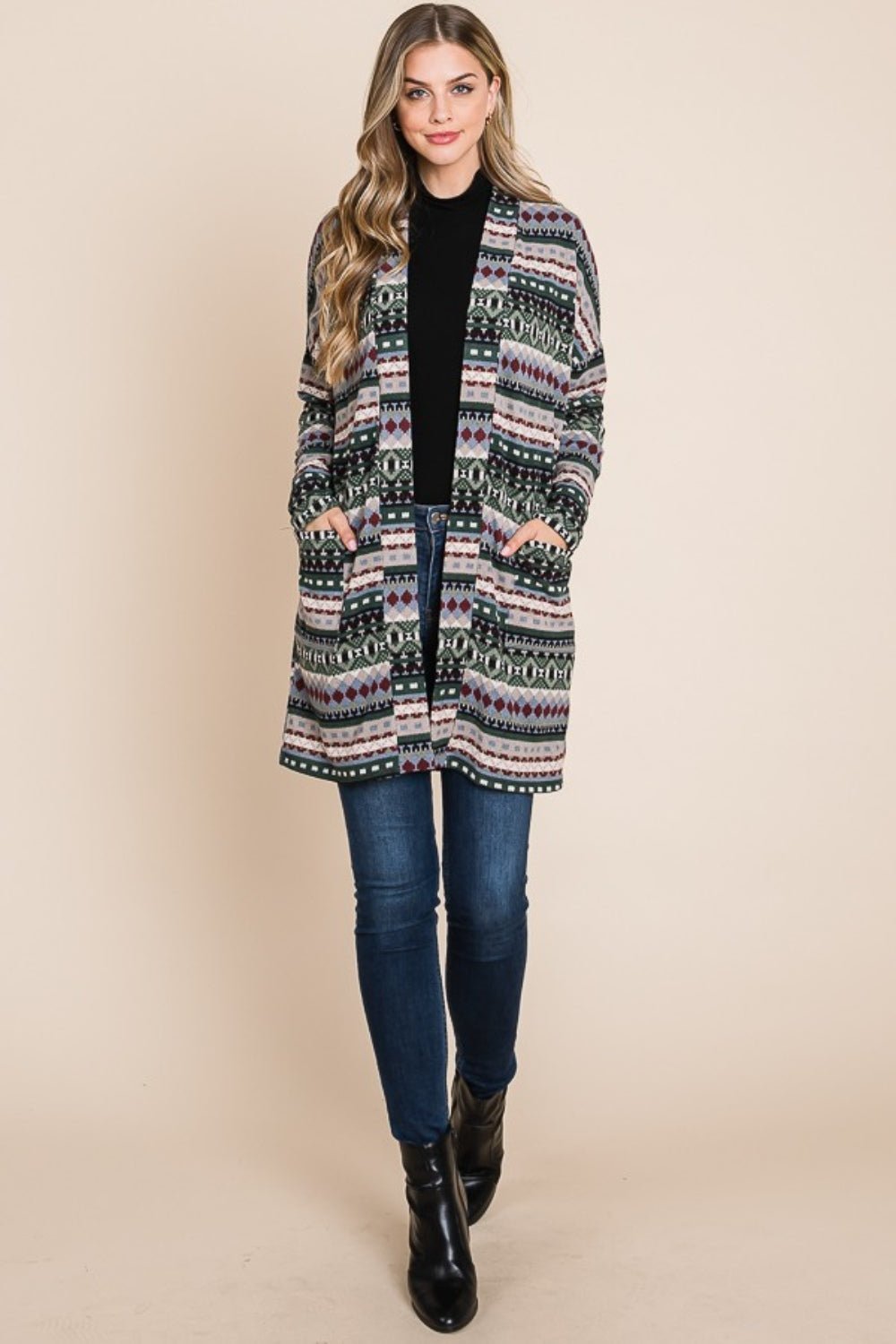 BOMBOM Geometric Open Front Long Sleeve Cardigan with Pockets - Bitsy Gypsy Boutique