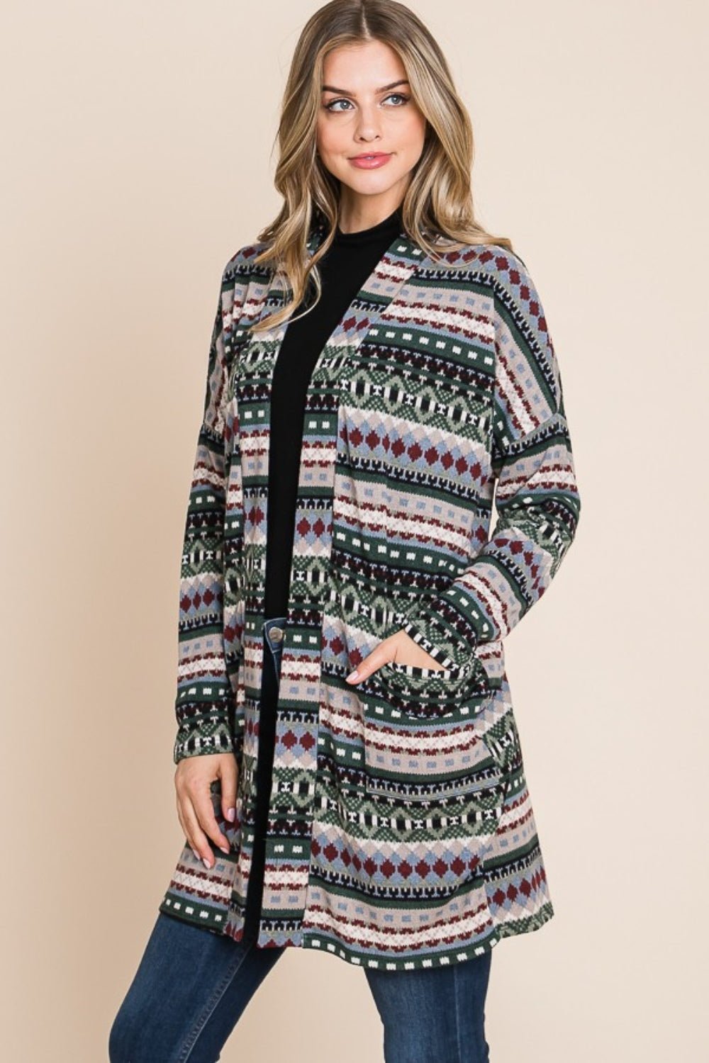 BOMBOM Geometric Open Front Long Sleeve Cardigan with Pockets - Bitsy Gypsy Boutique