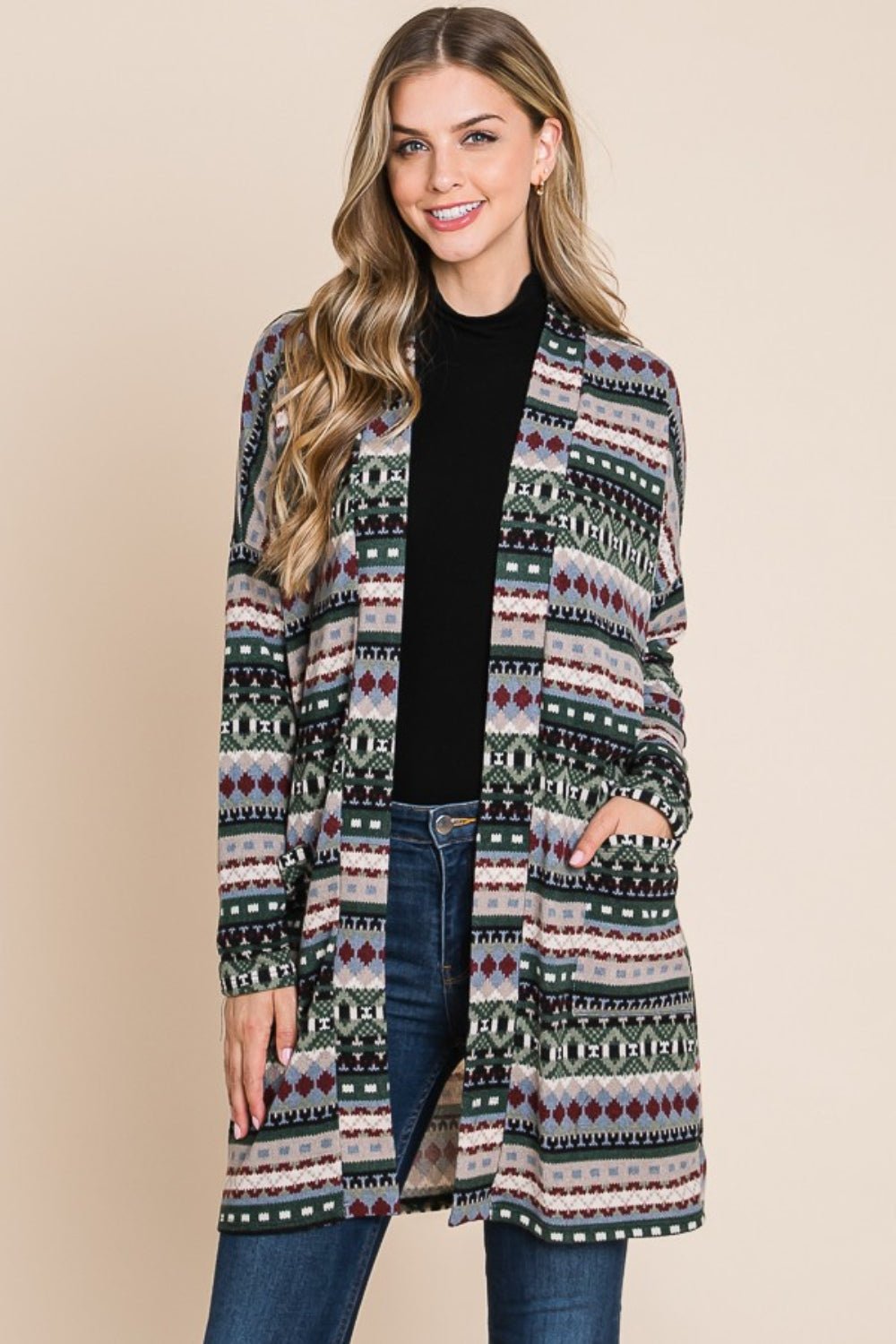 BOMBOM Geometric Open Front Long Sleeve Cardigan with Pockets - Bitsy Gypsy Boutique