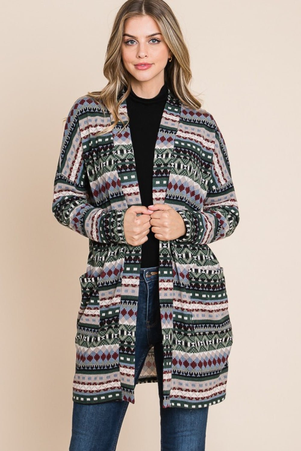 BOMBOM Geometric Open Front Long Sleeve Cardigan with Pockets - Bitsy Gypsy Boutique