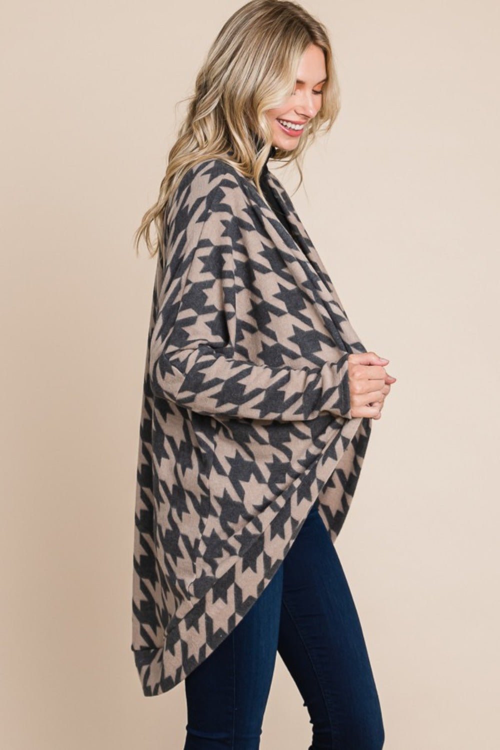 BOMBOM Houndstooth Open Front Cocoon Knit Cardigan - Bitsy Gypsy Boutique