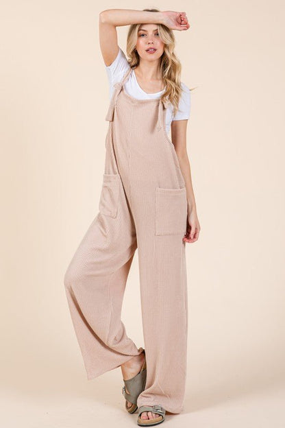 BOMBOM Knot Straps Wide Leg Ribbed Overalls with Pockets - Bitsy Gypsy Boutique
