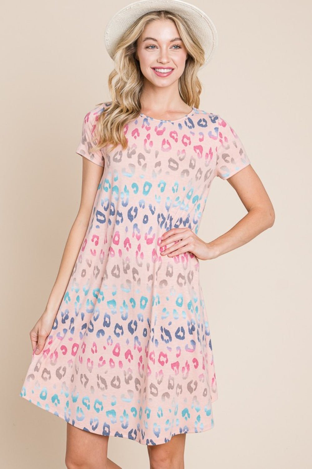 BOMBOM Leopard Round Neck Short Sleeve Dress - Bitsy Gypsy Boutique