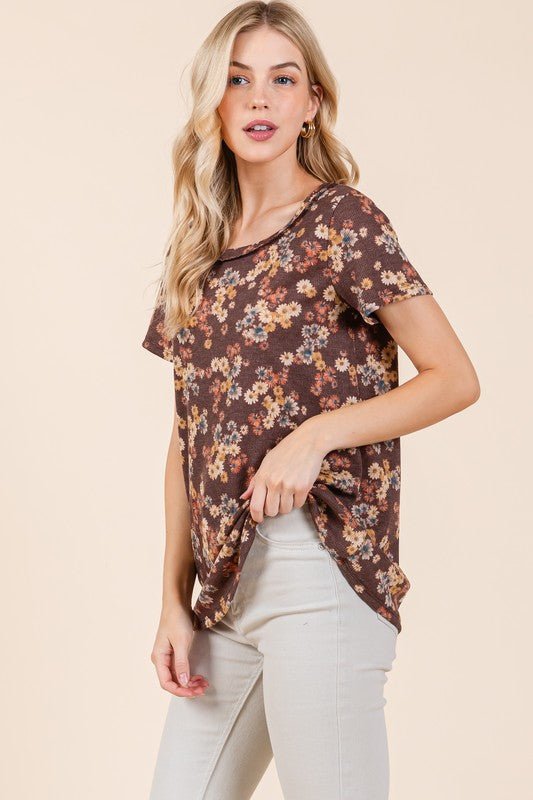 BOMBOM Lightweight Floral Round Neck Short Sleeve T-Shirt - Bitsy Gypsy Boutique
