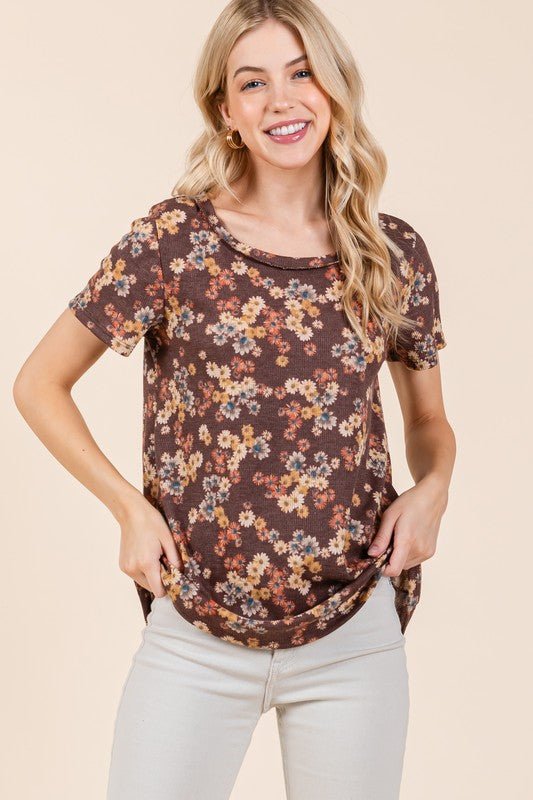 BOMBOM Lightweight Floral Round Neck Short Sleeve T-Shirt - Bitsy Gypsy Boutique
