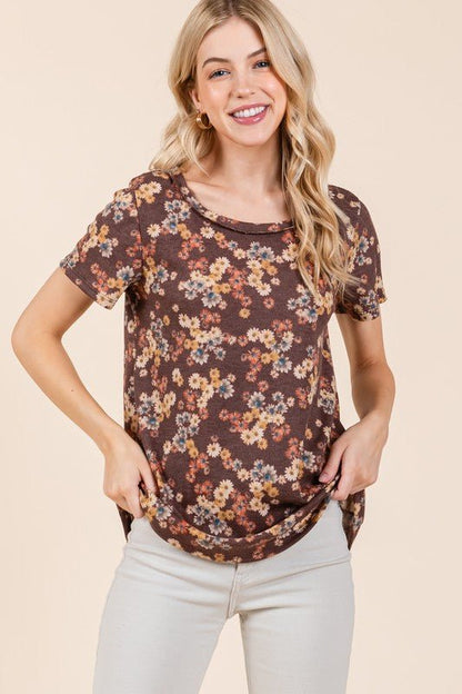 BOMBOM Lightweight Floral Round Neck Short Sleeve T-Shirt - Bitsy Gypsy Boutique