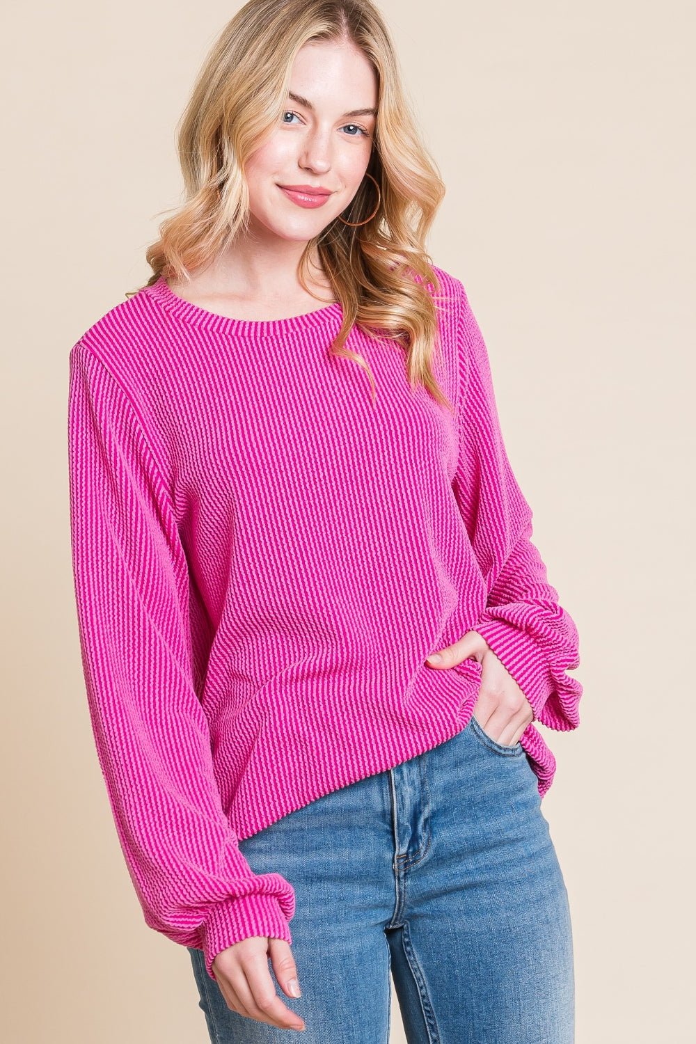 BOMBOM Long Sleeve Curved Hem Ribbed T - Shirt - Bitsy Gypsy Boutique