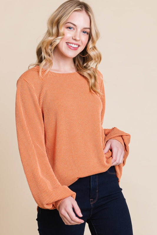 BOMBOM Long Sleeve Curved Hem Ribbed T - Shirt - Bitsy Gypsy Boutique