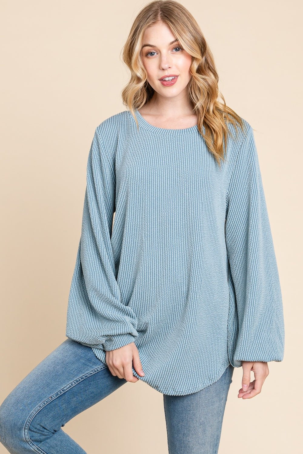 BOMBOM Long Sleeve Curved Hem Ribbed T - Shirt - Bitsy Gypsy Boutique