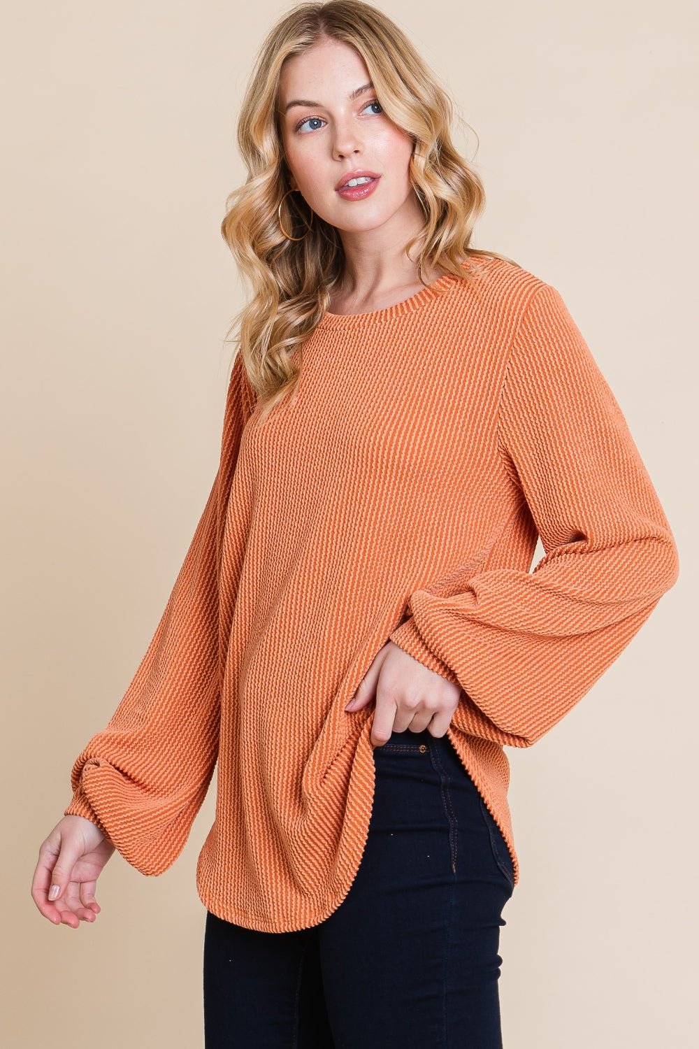 BOMBOM Long Sleeve Curved Hem Ribbed T - Shirt - Bitsy Gypsy Boutique