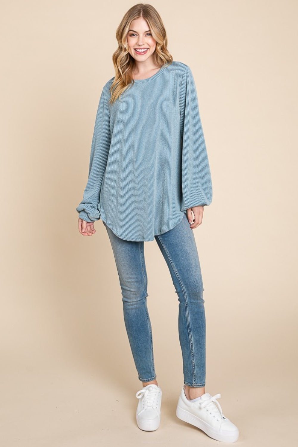 BOMBOM Long Sleeve Curved Hem Ribbed T - Shirt - Bitsy Gypsy Boutique