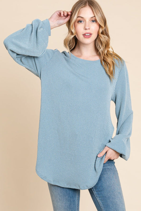 BOMBOM Long Sleeve Curved Hem Ribbed T - Shirt - Bitsy Gypsy Boutique