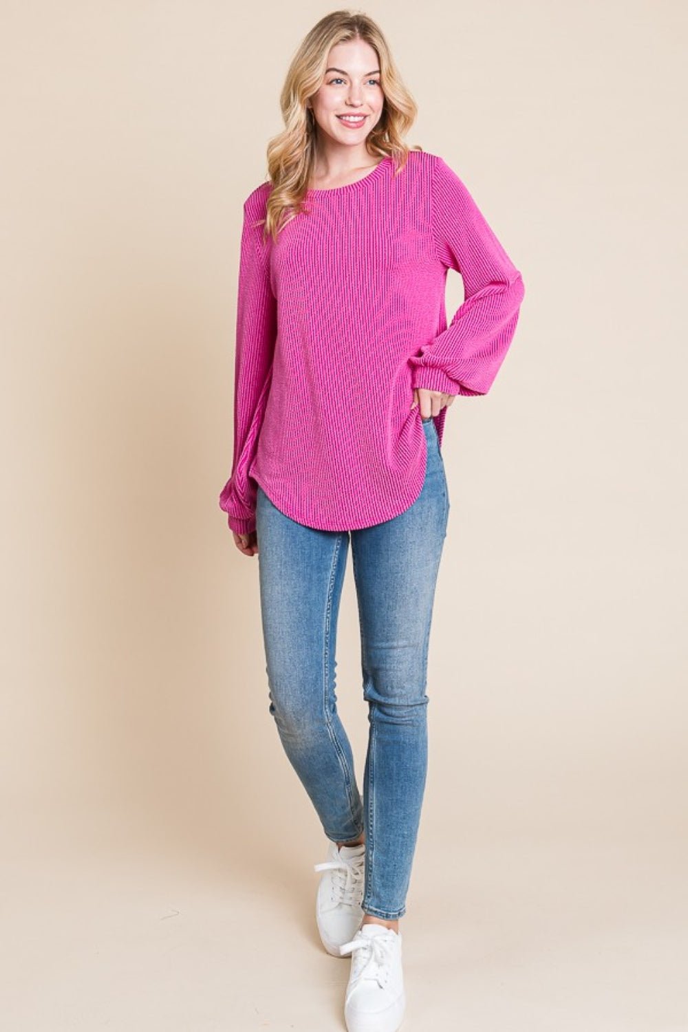 BOMBOM Long Sleeve Curved Hem Ribbed T - Shirt - Bitsy Gypsy Boutique