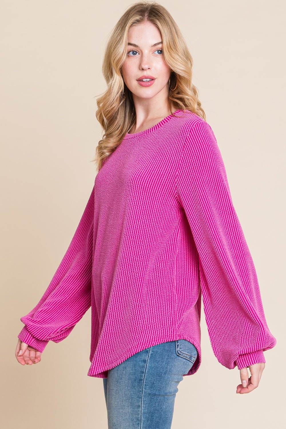 BOMBOM Long Sleeve Curved Hem Ribbed T - Shirt - Bitsy Gypsy Boutique