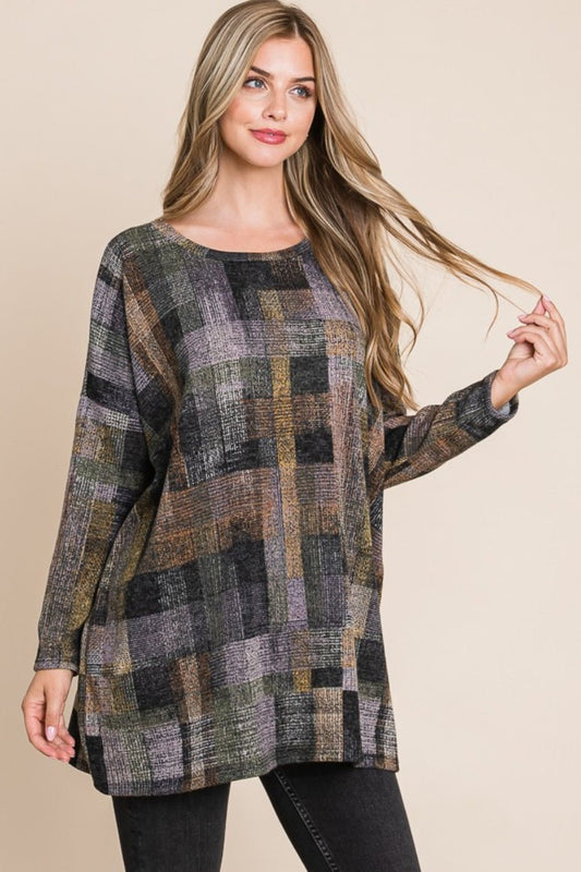 BOMBOM Plaid Round Neck Long Sleeve Top - Bitsy Gypsy Boutique