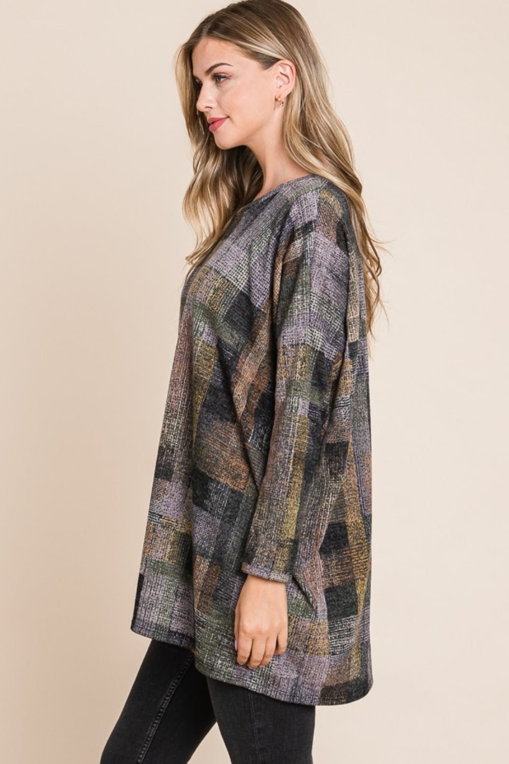 BOMBOM Plaid Round Neck Long Sleeve Top - Bitsy Gypsy Boutique