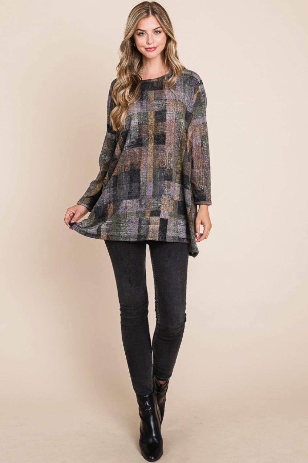 BOMBOM Plaid Round Neck Long Sleeve Top - Bitsy Gypsy Boutique