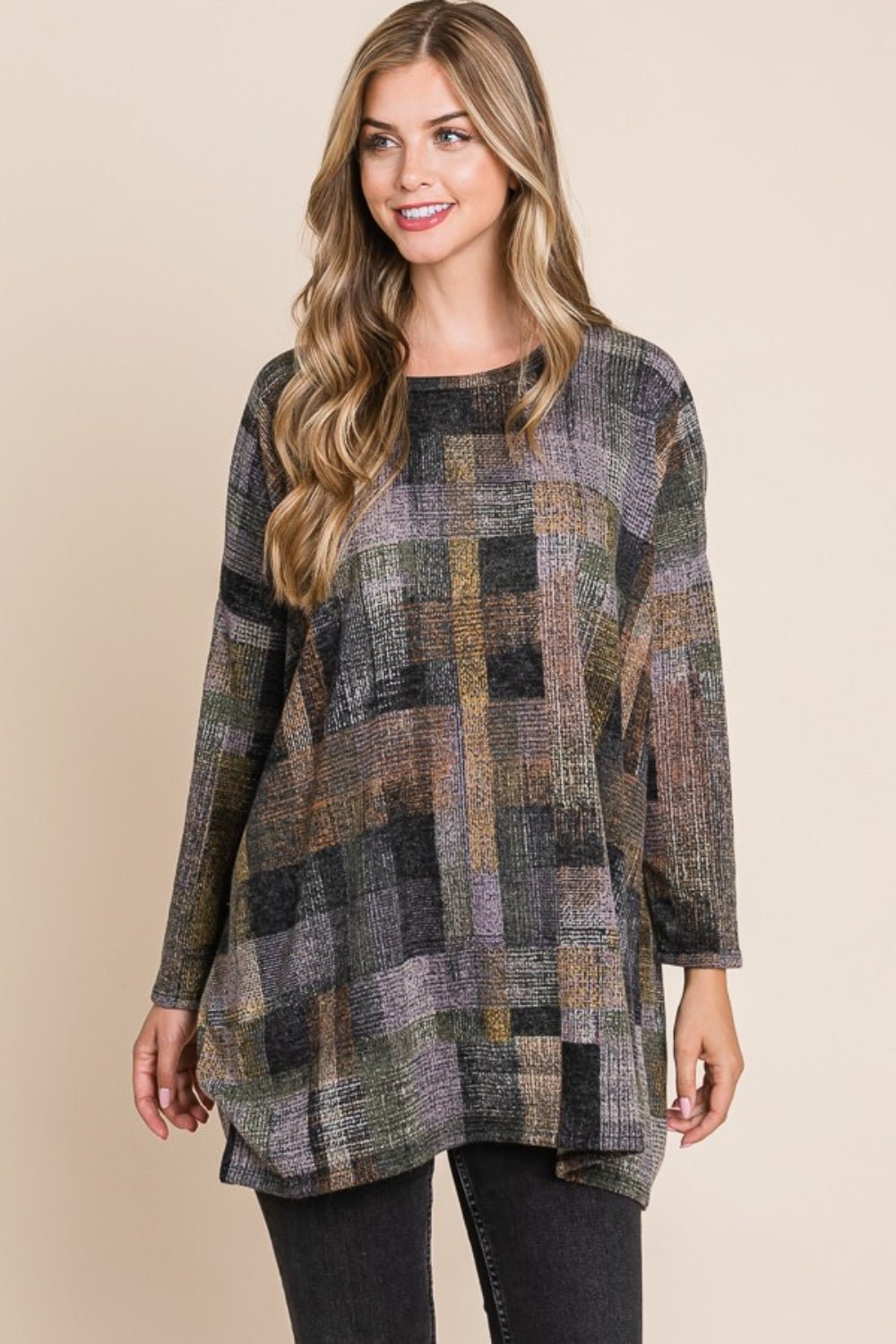 BOMBOM Plaid Round Neck Long Sleeve Top - Bitsy Gypsy Boutique