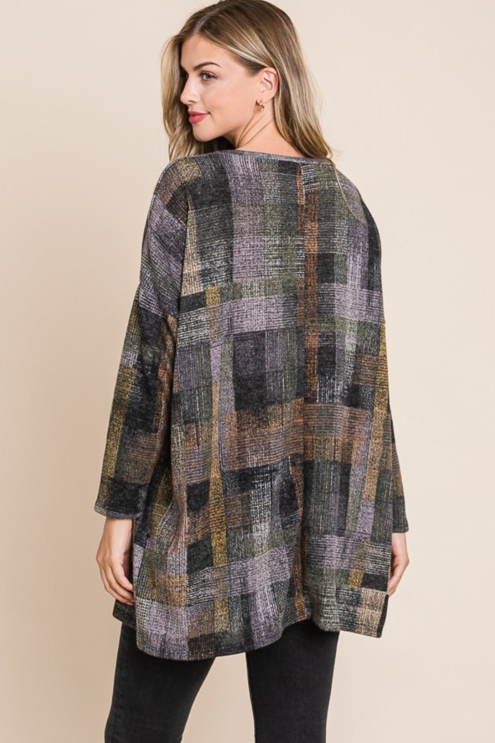 BOMBOM Plaid Round Neck Long Sleeve Top - Bitsy Gypsy Boutique