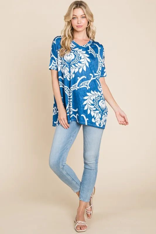 BOMBOM Printed Relaxed V - Neck Tunic Top - Bitsy Gypsy Boutique