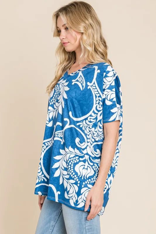 BOMBOM Printed Relaxed V - Neck Tunic Top - Bitsy Gypsy Boutique
