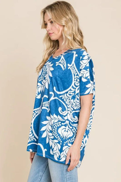 BOMBOM Printed Relaxed V - Neck Tunic Top - Bitsy Gypsy Boutique