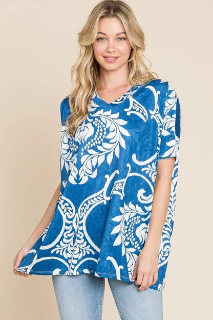 BOMBOM Printed Relaxed V - Neck Tunic Top - Bitsy Gypsy Boutique