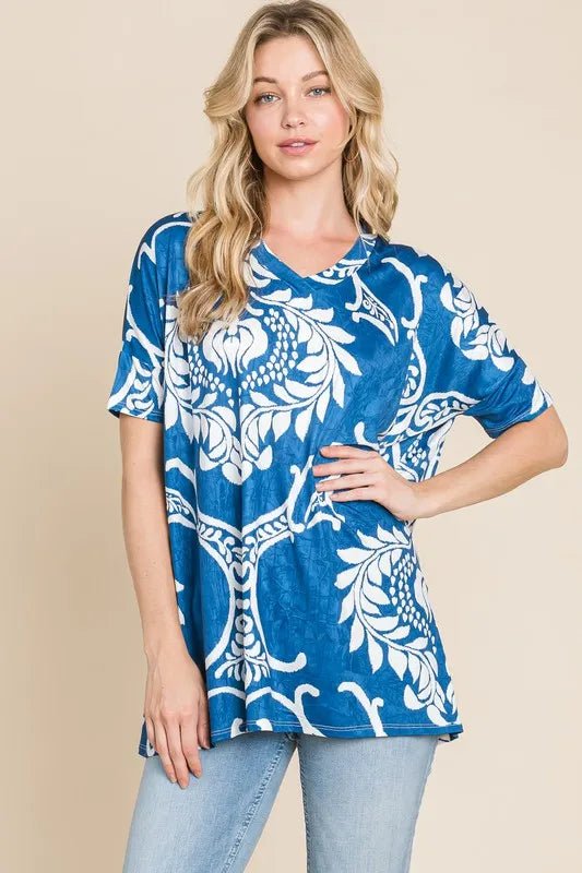 BOMBOM Printed Relaxed V - Neck Tunic Top - Bitsy Gypsy Boutique