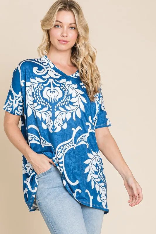 BOMBOM Printed Relaxed V - Neck Tunic Top - Bitsy Gypsy Boutique