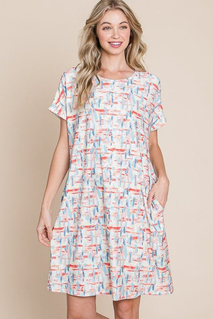 BOMBOM Printed Round Neck Short Sleeve Tee Dress - Bitsy Gypsy Boutique